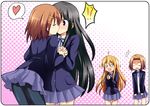  4girls akane_souichi akiyama_mio blazer blush brown_hair closed_eyes commentary_request hair_ornament hairclip heart hirasawa_yui holding_hands jacket k-on! kiss kotobuki_tsumugi multiple_girls o_o pantyhose school_uniform sparkle surprise_kiss surprised tainaka_ritsu yuri yurijoshi 