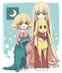  aka_(s3637) barefoot blonde_hair crocodile crocodilian drill_hair green_eyes hina_ichigo kunkun long_hair moon multiple_girls night night_sky open_mouth pajamas rozen_maiden shinku short_hair sky star stuffed_animal stuffed_crocodile stuffed_dog stuffed_toy tongue 