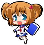  blue_eyes blue_skirt blush brown_hair chibi fang hair_bobbles hair_ornament kataoka_yuuki kiyosumi_school_uniform lowres mahjong pac-man_eyes saki school_uniform serafuku short_hair skirt smile solo suntail thighhighs two_side_up zettai_ryouiki 