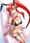  animal_ears bikini bow bowtie breasts bunny_ears cleavage fishnet_legwear fishnets gloves hair_ornament kurenai_karasu large_breasts long_hair orange_eyes ponytail red_hair sidelocks sitting solo swimsuit tail tengen_toppa_gurren_lagann thighhighs yoko_littner 