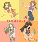  akiyama_mio all_fours barefoot black_eyes blonde_hair blue_eyes bottle brown_eyes brown_hair can casual denim digital_media_player feet food headphones hirasawa_yui ice_cream indian_style ipod jeans k-on! kikumaru_bunta kotobuki_tsumugi long_hair multiple_girls pants shoes short_hair sitting sneakers tainaka_ritsu taiyaki thighhighs wagashi 