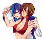  1girl blue_eyes blue_hair blush breasts brown_eyes brown_hair cleavage drunk glass kaito large_breasts meiko midriff navel vocaloid xpizzeriax 