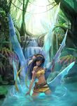  abokadon bandeau bare_shoulders black_hair crystal dark_skin green_eyes jungle long_hair midriff miniskirt nature original skirt solo strapless tubetop wading water waterfall 