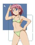  armpits bikini blue_eyes flat_chest hand_on_hip kosuke_haruhito original red_hair salute short_hair smile solo swimsuit 