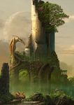  cloud creature dragon fantasy grass highres moon no_humans original ruins scenery sky tree uchio_kazumasa wings 