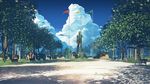  bench camp cloud cyrillic day everlasting_summer flag grass ikari_gendou neon_genesis_evangelion no_humans russian scenery shade sky statue sunlight translated tree 