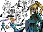  action artist_request blonde_hair bodysuit breasts gun hair_down large_breasts looking_back metroid morph_ball ponytail samus_aran varia_suit weapon zero_suit 