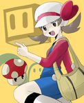  bad_id bad_pixiv_id bag bow brown_eyes brown_hair cabbie_hat handbag hat hat_ribbon kneehighs kotone_(pokemon) mario_(series) mushroom overalls pokemon pokemon_(game) pokemon_hgss red_ribbon ribbon rotating_block short_twintails smile socks solo super_mario_bros. super_mushroom tenko_(paradise) twintails 