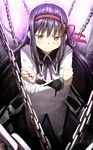  4b-enpitsu akemi_homura black_hair blush chain crossed_arms frown hair_ribbon long_hair looking_away magical_girl mahou_shoujo_madoka_magica purple_eyes ribbon sad solo 