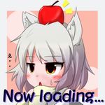  1girl :&lt; animal_ears apple bare_shoulders blush brown_eyes detached_sleeves english food food_on_head fruit fruit_on_head inubashiri_momiji loading_screen object_on_head open_mouth pom_pom_(clothes) red_eyes shirt short_hair silver_hair solo sweat syachi touhou triangle_mouth white_hair wolf_ears 