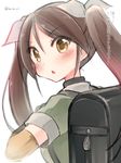  backpack bag brown_hair hair_ribbon kantai_collection koruri long_hair looking_at_viewer open_mouth randoseru ribbon solo tone_(kantai_collection) translation_request twintails upper_body white_ribbon yellow_eyes 