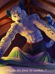  ambiguous_gender bed blanket bulge cheetah clothing cross duo elnadrin eye_contact feline first_person_view leaning leaning_forward looking_at_viewer male mammal muscles necklace piercing shorts smile spots submissive_pov toned topless underwear verli 