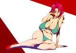  adjusting_hair arm_support bikini breasts full_body high_heels huge_breasts lipstick makeup miura_takehiro navel o-ring o-ring_bikini o-ring_top original red_eyes red_hair sagging_breasts shiny shiny_skin sitting smile solo strap_gap swimsuit yokozuwari 