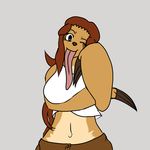  big_breasts breasts brown_hair claws female hair long_hair long_tongue nada navel one_eye_closed plain_background sloth solo tartaurus tongue tongue_out wink 