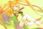  blonde_hair chinese_dress green_eyes hsiao leiran_(p&amp;d) puzzle_&amp;_dragons sword thighhighs twintails weapon wings 