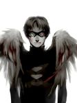  1boy batman_(series) blood broken_mask dc_comics death domino_mask feathered_wings green_eyes jason_todd ku-mo male male_focus mask robin_(dc) solo wings 