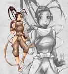  ankle_wrap antenna_hair bandages barefoot between_fingers black_hair breasts brown_eyes feet fingerless_gloves francesco_simioni gloves hair_pulled_back highres hip_vent hips ibuki_(street_fighter) kunai large_breasts long_hair ninja no_headwear no_panties partially_colored ponytail smile solo street_fighter thighs toeless_legwear toenails toes weapon zoom_layer 