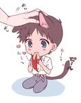  :3 animal_ears belt blue_eyes blush brown_hair cat_ears cat_tail chibi enue37 heart ikari_shinji male_focus neon_genesis_evangelion petting smile tail 