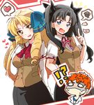  2girls ?!! ashida_yuri black_hair blonde_hair blue_eyes bow bowtie drill_hair elbow_gloves emiya_shirou fate/stay_night fate_(series) gloves homurahara_academy_uniform long_hair luviagelita_edelfelt multiple_girls orange_hair school_uniform toosaka_rin white_gloves yellow_eyes 