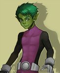  beast_boy_(dc) belt bodysuit dc_comics fishiebug garfield_logan gloves green_hair green_skin male male_focus solo teen_titans 