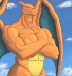  abs anthro biceps big_muscles blue_eyes charizard cloud fangs looking_at_viewer male muscles narc navel nintendo nude outside pecs penis pok&#233;mon pok&eacute;mon pose sky smile solo standing video_games wings 