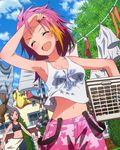  ^_^ armpits black_hair closed_eyes clothesline crop_top crop_top_overhang idolmaster idolmaster_(classic) idolmaster_million_live! jpeg_artifacts kikuchi_makoto laundry laundry_basket long_hair maihama_ayumu midriff multicolored_hair multiple_girls official_art open_mouth pink_hair shiny shiny_skin sports_bra sweat wristband 