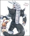  1girl aggron aggron_(cosplay) animal_ears border buneary buneary_(cosplay) bunny_ears bunny_tail chibi cosplay dai_(mebae16) gamagoori_ira gen_3_pokemon gen_4_pokemon height_difference helmet horns kill_la_kill mankanshoku_mako pokemon tail tail_hug 