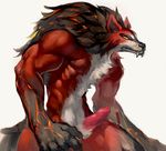  absurd_res banehallow_the_lycanthrope canine chest_tuft claws deanii dota_2 erection fangs fur hi_res humanoid_penis male mammal muscles nipples nude penis plain_background presenting red_fur solo tuft were werewolf wolf yellow_eyes 