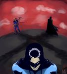  3boys batman batman_(series) black_hair bruce_wayne cape dc_comics deathstroke dick_grayson domino_mask father father_and_son long_hair male male_focus mask multiple_boys nightwing son standing 