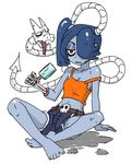  arm_support belt blue_skin food hair_over_one_eye ice_cream indian_style leviathan_(skullgirls) long_hair midriff n-13 navel off_shoulder purple_hair red_eyes shorts sitting skullgirls squigly_(skullgirls) stitched_mouth stitches tank_top tongue tongue_out zombie 