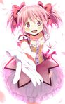  4b-enpitsu :d blush bow bubble_skirt cherry_blossoms choker gloves hair_bow kaname_madoka looking_at_viewer magical_girl mahou_shoujo_madoka_magica open_mouth outstretched_arm petals pink_eyes pink_hair short_hair short_twintails simple_background skirt smile solo twintails white_background white_gloves 