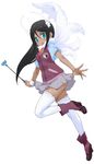  absurdres aqua_eyes artist_request black_hair character_request dark_skin full_body highres holding jinma_taisen_armageddon long_hair open_mouth outstretched_hand pleated_skirt short_sleeves simple_background skirt solo thighhighs wand white_background white_legwear wristband 