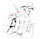  biting_lip blush digimon duo eyes_closed from_behind gabumon guilmon hadou line_art monochrome penis plain_background precum raised_leg scalie wincing 