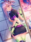  1girl absurdres bikini blush boots breasts cosplay earrings fate/grand_order fate_(series) florence_nightingale_(fate/grand_order) florence_nightingale_(fate/grand_order)_(cosplay) from_behind gloves green_gloves green_legwear hand_on_hip heishan highres jewelry large_breasts long_hair looking_at_viewer looking_back miyamoto_musashi_(fate/grand_order) pink_hair purple_eyes solo swimsuit thigh_boots thighhighs trick_or_treatment 