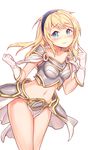 armor bad_id bad_pixiv_id blonde_hair blue_eyes blush embarrassed gloves goyain hairband highres league_of_legends long_hair looking_at_viewer luxanna_crownguard midriff navel simple_background solo white_background white_gloves 