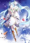  blue_eyes blue_hair boots hatsune_miku knee_boots kyer long_hair snow snowman solo twintails very_long_hair vocaloid yuki_miku 