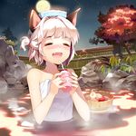  :d ^_^ animal_ears bendy_straw blush bucket cat_ears closed_eyes drinking_straw fang full_moon gilse moon naked_towel onsen open_mouth original partially_submerged short_hair silver_hair smile solo towel towel_on_head tree water wet wooden_bucket 