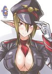  absurdres between_breasts bird black_hat blonde_hair breasts brown_hair cleavage disgaea fang hand_on_headwear hat hat_tip highres large_breasts makai_senki_disgaea_3 military military_uniform necktie necktie_between_breasts open_clothes penguin pointy_ears prinny red_eyes salvatore_(disgaea) short_hair smile takamura_wamu uniform 