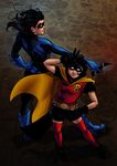  2girls batman_(series) bodysuit cape dc_comics dick_grayson domino_mask family genderswap mask multiple_girls nightwing robin_(dc) siblings thighhighs tim_drake 