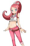  bare_shoulders belt blue_eyes blush breasts denim high_ponytail jeans legs long_hair looking_at_viewer midriff navel nintendo pants pink_hair poke_ball pokemon pokemon_(anime) pokemon_(game) pokemon_xy ponytail premiere_(pokemon) red_hair ribbon small_breasts smile solo 