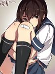  bandaid brown_eyes brown_hair character_name fubuki_(kantai_collection) highres kantai_collection knees_to_chest leg_hug looking_at_viewer panties pantyshot pantyshot_(sitting) short_hair sitting solo super_zombie twitter_username underwear white_panties 