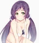  between_breasts bikini blush breasts card card_between_breasts green_eyes hiiragi_hajime large_breasts long_hair love_live! love_live!_school_idol_project purple_hair smile solo swimsuit toujou_nozomi twintails white_background 