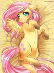  blush cutie_mark equine feathers female feral fluttershy_(mlp) friendship_is_magic fur hair hooves long_hair looking_at_viewer lying mammal my_little_pony navel on_back pegasus racoon-kun racoonkun solo wings yellow_fur 
