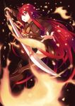  alastor_(shakugan_no_shana) fire highres jewelry long_hair pendant red_eyes red_hair sawa_nao school_uniform serafuku shakugan_no_shana shana sword thighhighs weapon 