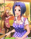  ahoge apron blonde_hair blue_hair breasts cleavage cooking idolmaster idolmaster_(classic) idolmaster_million_live! long_hair medium_breasts miura_azusa multiple_girls official_art pantyhose pink_eyes shinomiya_karen short_hair smile 