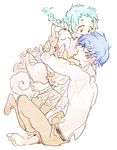  1girl aqua_hair blue_hair braid casual dog hug koromaru persona persona_3 persona_4:_the_ultimate_in_mayonaka_arena sutei_(giru) yamagishi_fuuka yuuki_makoto 