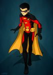  1boy batman_(series) black_hair bodysuit boots cape dc_comics domino_mask full_body gloves highres male male_focus mask robin_(dc) shamserg solo standing tim_drake young_justice young_justice:_invasion 