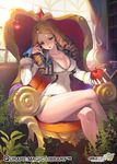  bare_legs blonde_hair book bookshelf breasts chair cleavage crossed_legs drill_hair earrings globe green_eyes highres inkwell jewelry large_breasts long_sleeves looking_at_viewer matsuki_ringo md5_mismatch newton_(qurare) plant quill qurare_magic_library sitting solo 