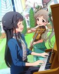  ^_^ ahoge blue_hair blush bow bow_(instrument) brown_eyes brown_hair closed_eyes hair_bow hakozaki_serika idolmaster idolmaster_million_live! instrument long_hair mogami_shizuka multiple_girls official_art open_mouth piano smile twintails upright_piano violin 