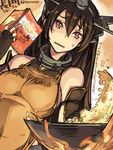  apron bare_shoulders brown_hair character_name cooking elbow_gloves fingerless_gloves gloves headgear highres kantai_collection long_hair nagato_(kantai_collection) puka_puka red_eyes solo super_zombie translation_request twitter_username 